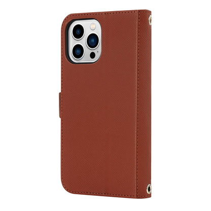 Anti-fall Phone Cover For iPhone 14 Pro Max Cross Texture PU Leather Flip Phone Case Stand Wallet with Inside Makeup Mirror and Shoulder Strap