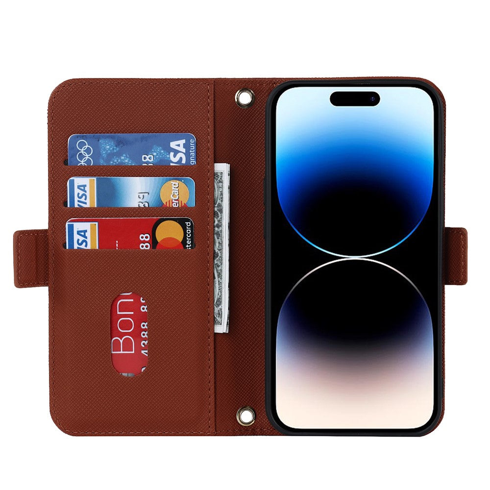 Anti-fall Phone Cover For iPhone 14 Pro Max Cross Texture PU Leather Flip Phone Case Stand Wallet with Inside Makeup Mirror and Shoulder Strap