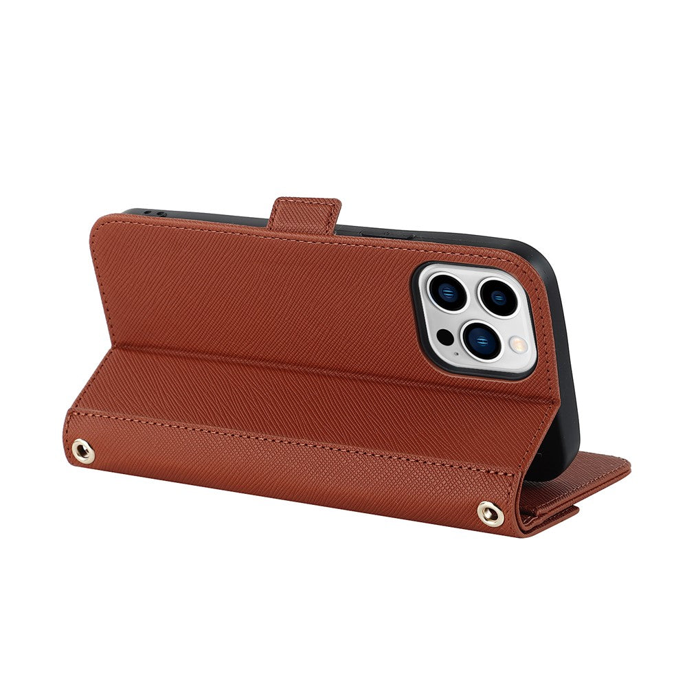 Anti-fall Phone Cover For iPhone 14 Pro Max Cross Texture PU Leather Flip Phone Case Stand Wallet with Inside Makeup Mirror and Shoulder Strap