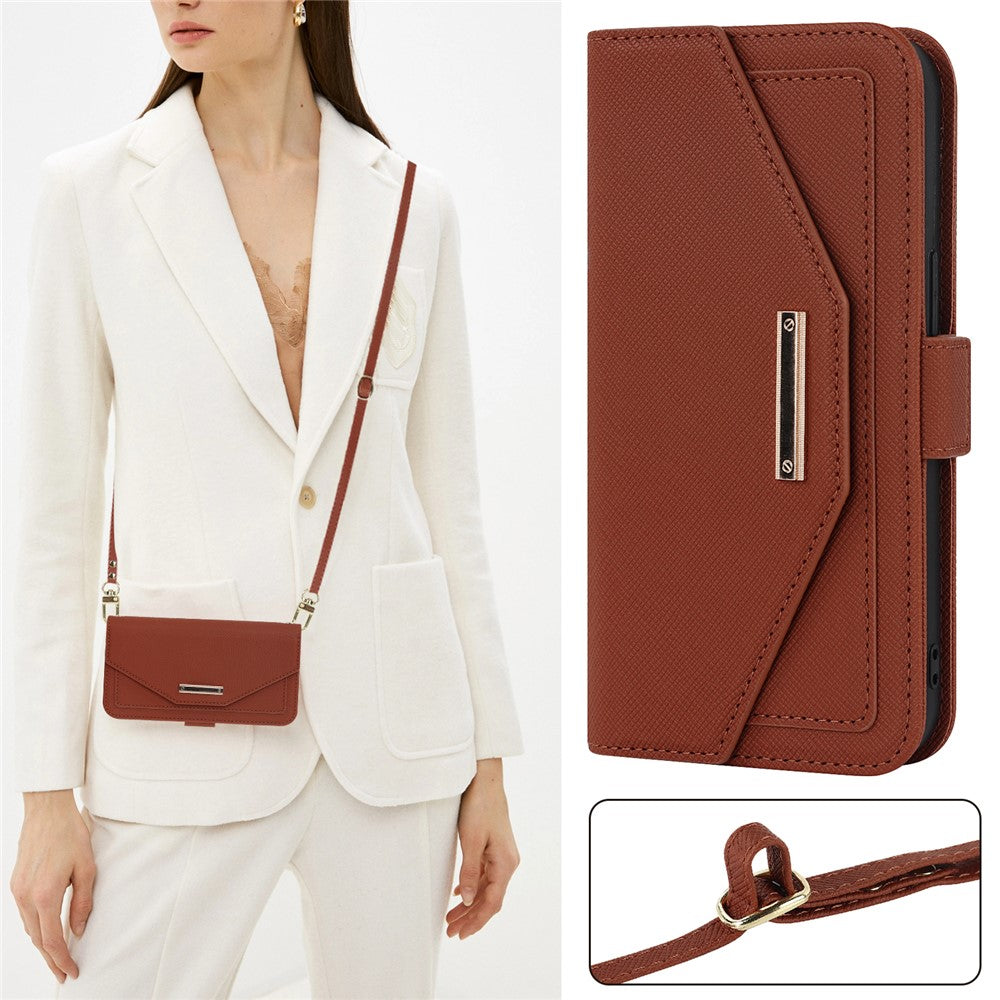 Anti-fall Phone Cover For iPhone 14 Pro Max Cross Texture PU Leather Flip Phone Case Stand Wallet with Inside Makeup Mirror and Shoulder Strap