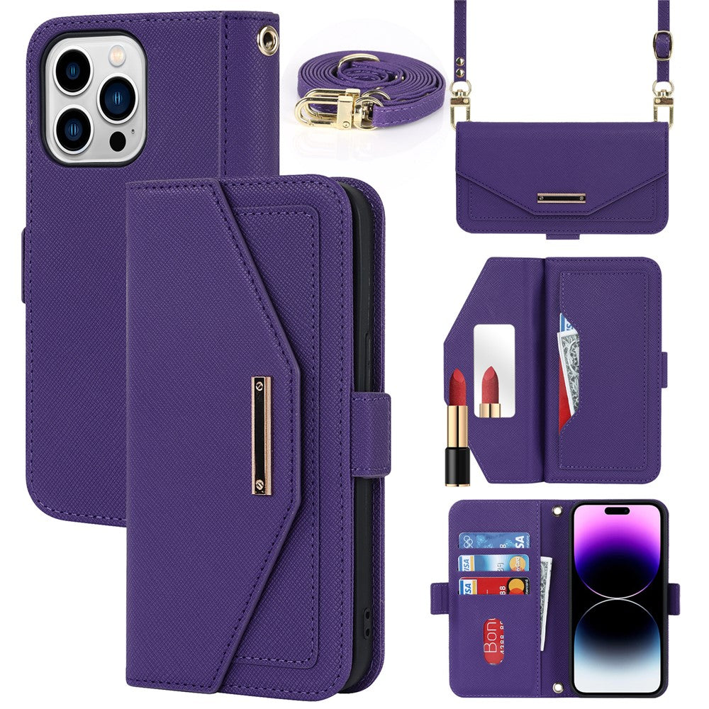 Anti-fall Phone Cover For iPhone 14 Pro Max Cross Texture PU Leather Flip Phone Case Stand Wallet with Inside Makeup Mirror and Shoulder Strap