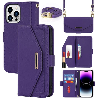 Anti-fall Phone Cover For iPhone 14 Pro Max Cross Texture PU Leather Flip Phone Case Stand Wallet with Inside Makeup Mirror and Shoulder Strap