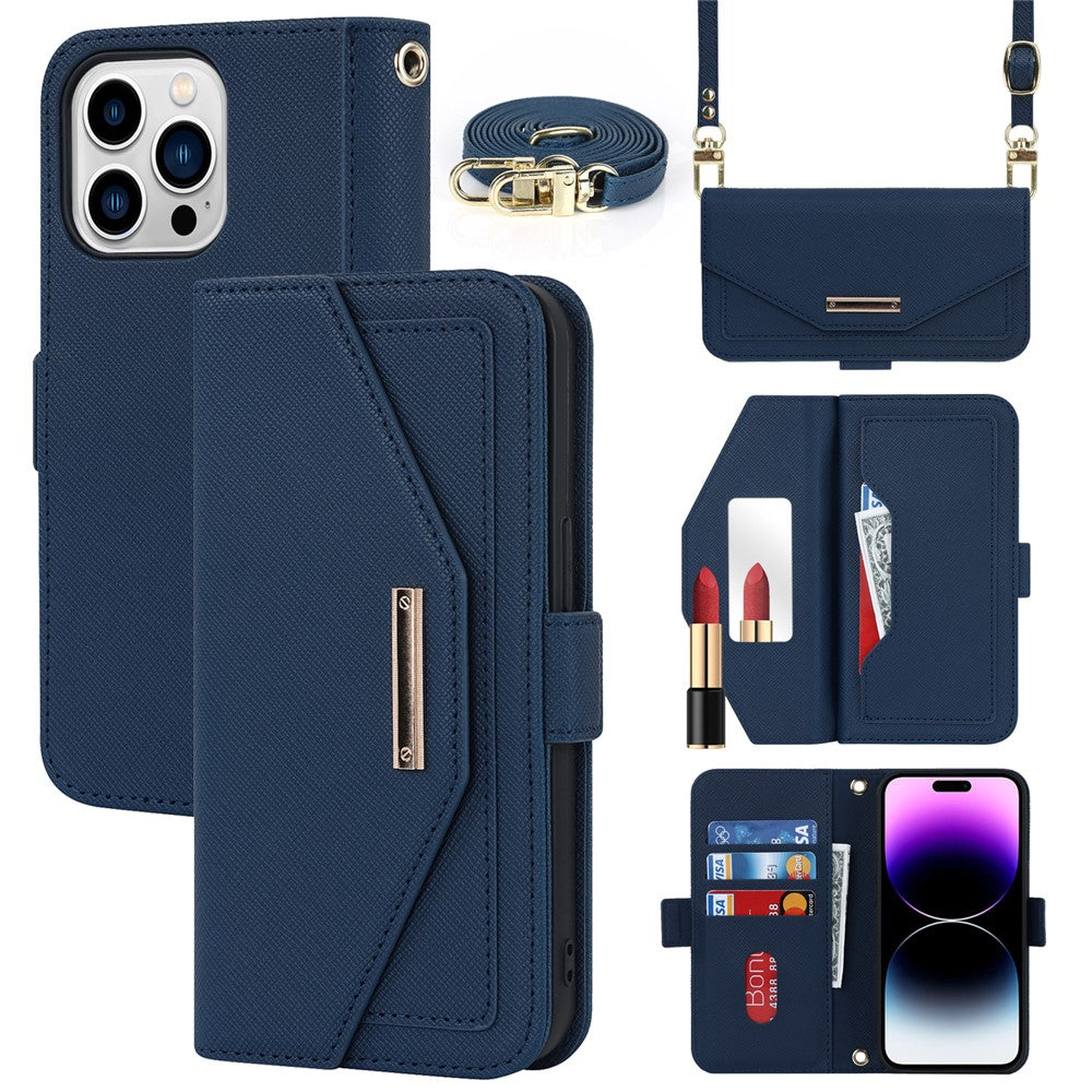 Anti-fall Phone Cover For iPhone 14 Pro Max Cross Texture PU Leather Flip Phone Case Stand Wallet with Inside Makeup Mirror and Shoulder Strap