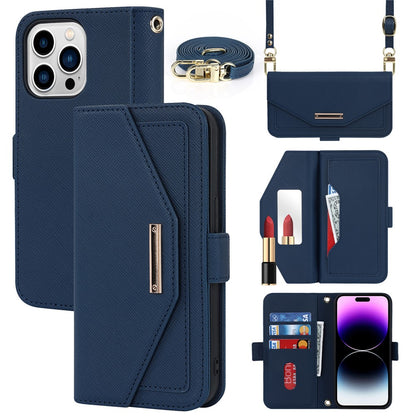 Anti-fall Phone Cover For iPhone 14 Pro Max Cross Texture PU Leather Flip Phone Case Stand Wallet with Inside Makeup Mirror and Shoulder Strap