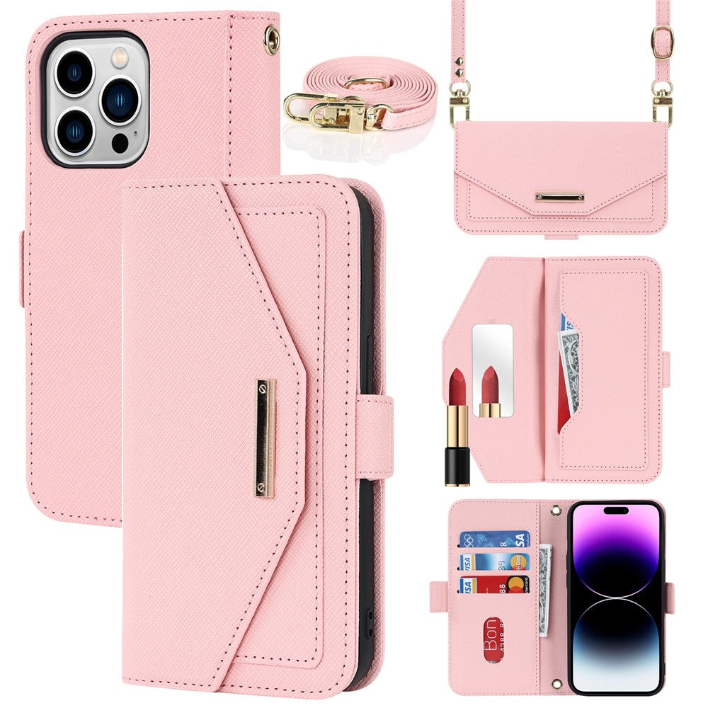 Anti-fall Phone Cover For iPhone 14 Pro Max Cross Texture PU Leather Flip Phone Case Stand Wallet with Inside Makeup Mirror and Shoulder Strap