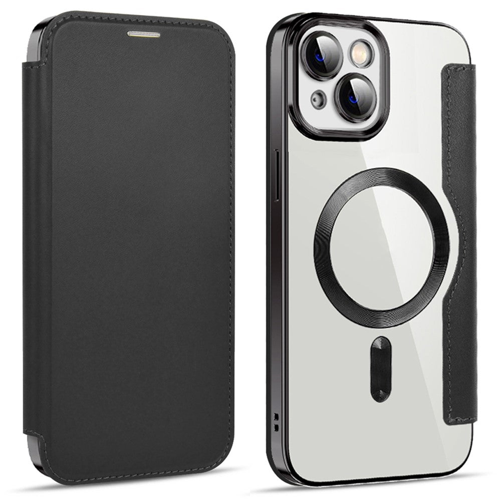 For iPhone 14 Plus Compatible with MagSafe RFID Blocking Card Slots Scratch Proof PU Leather+TPU Electroplating Clear Back Flip Case with Lens Film
