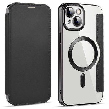 For iPhone 14 Plus Compatible with MagSafe RFID Blocking Card Slots Scratch Proof PU Leather+TPU Electroplating Clear Back Flip Case with Lens Film