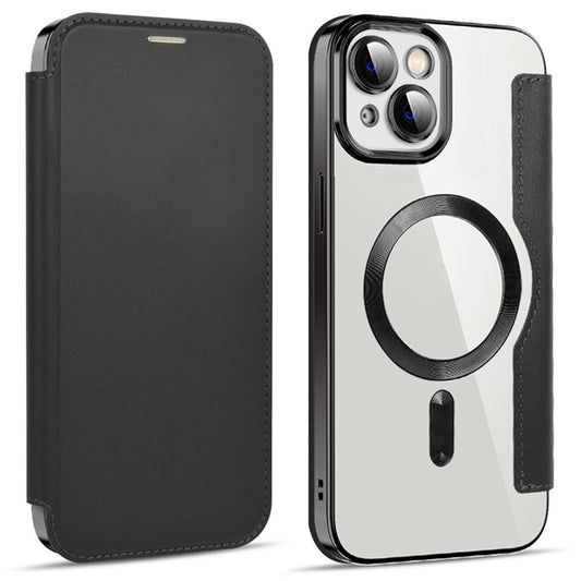 For iPhone 14 Plus Compatible with MagSafe RFID Blocking Card Slots Scratch Proof PU Leather+TPU Electroplating Clear Back Flip Case with Lens Film