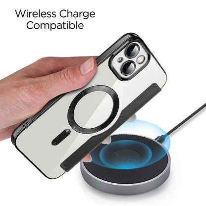 For iPhone 14 Plus Compatible with MagSafe RFID Blocking Card Slots Scratch Proof PU Leather+TPU Electroplating Clear Back Flip Case with Lens Film