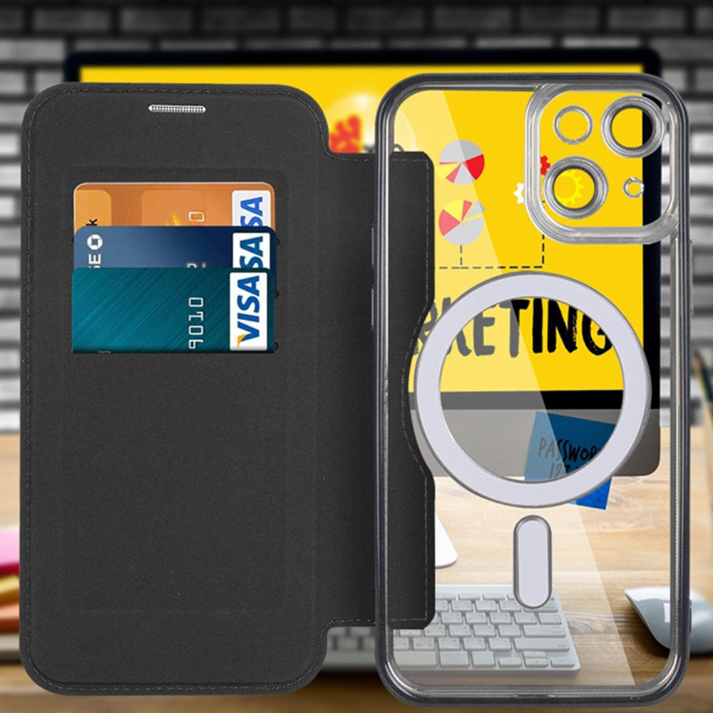 For iPhone 14 Plus Compatible with MagSafe RFID Blocking Card Slots Scratch Proof PU Leather+TPU Electroplating Clear Back Flip Case with Lens Film