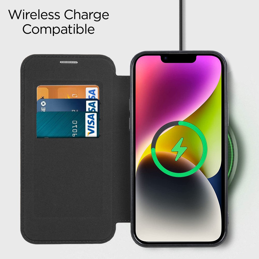 For iPhone 14 Plus Compatible with MagSafe RFID Blocking Card Slots Scratch Proof PU Leather+TPU Electroplating Clear Back Flip Case with Lens Film