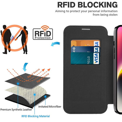 For iPhone 14 Plus Compatible with MagSafe RFID Blocking Card Slots Scratch Proof PU Leather+TPU Electroplating Clear Back Flip Case with Lens Film
