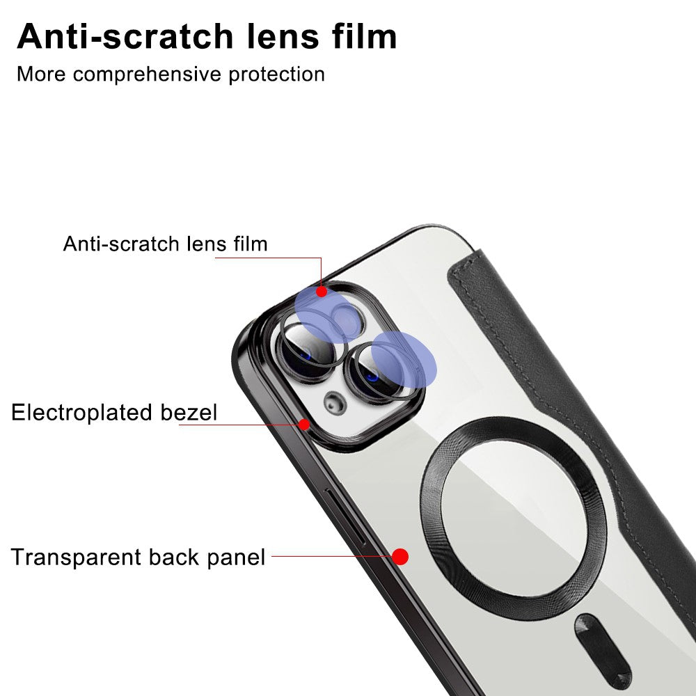 For iPhone 14 Plus Compatible with MagSafe RFID Blocking Card Slots Scratch Proof PU Leather+TPU Electroplating Clear Back Flip Case with Lens Film