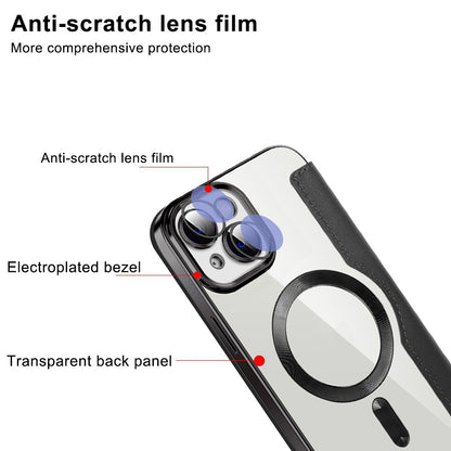 For iPhone 14 Plus Compatible with MagSafe RFID Blocking Card Slots Scratch Proof PU Leather+TPU Electroplating Clear Back Flip Case with Lens Film
