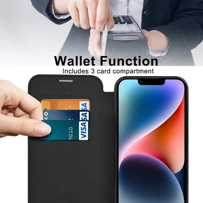 For iPhone 14 Plus Compatible with MagSafe RFID Blocking Card Slots Scratch Proof PU Leather+TPU Electroplating Clear Back Flip Case with Lens Film