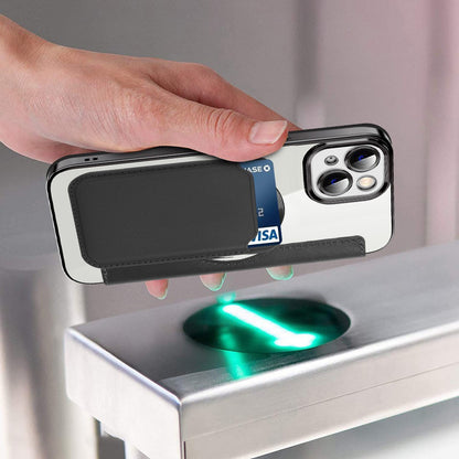 For iPhone 14 Plus Compatible with MagSafe RFID Blocking Card Slots Scratch Proof PU Leather+TPU Electroplating Clear Back Flip Case with Lens Film