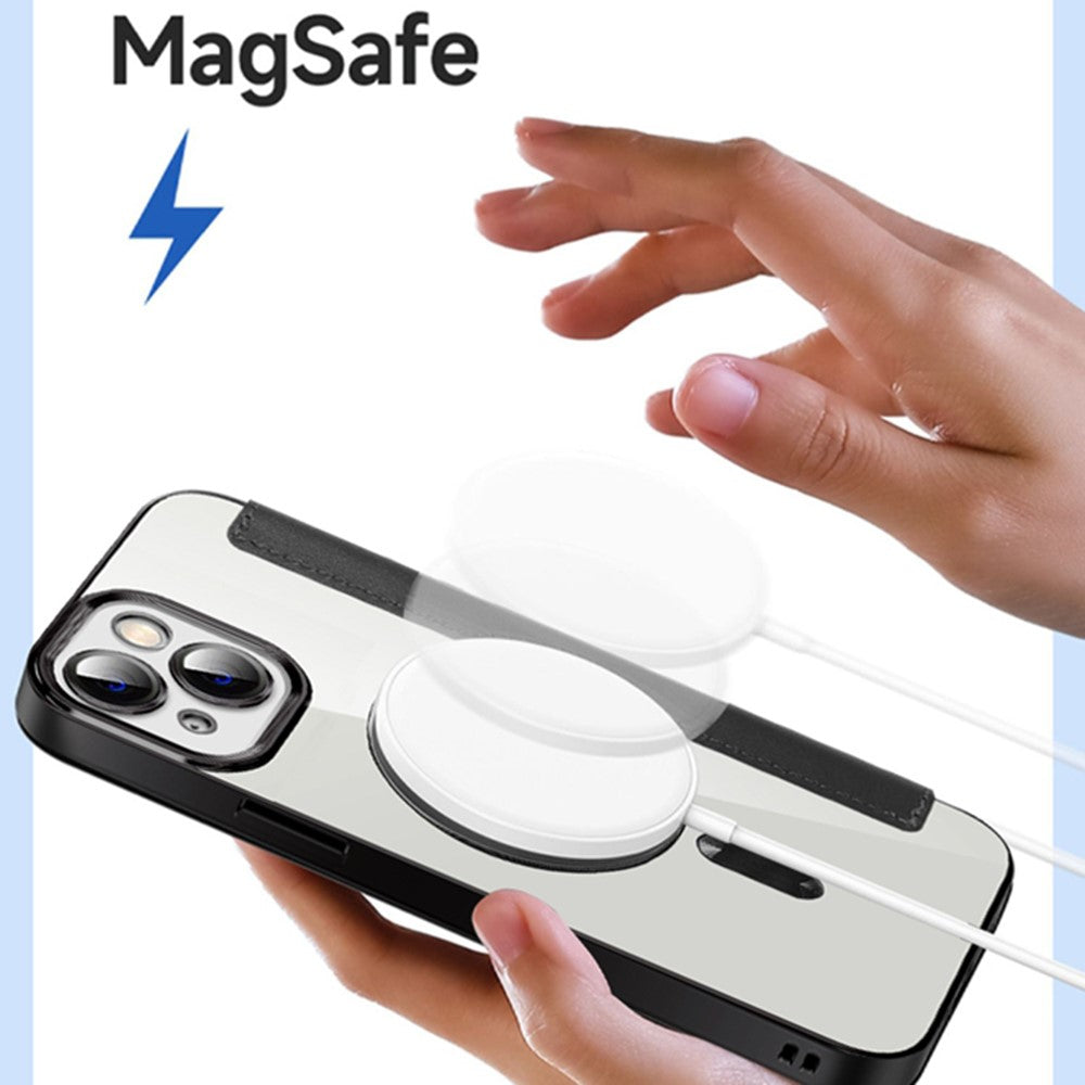 For iPhone 14 Plus Compatible with MagSafe RFID Blocking Card Slots Scratch Proof PU Leather+TPU Electroplating Clear Back Flip Case with Lens Film
