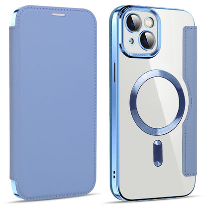 For iPhone 14 Plus Compatible with MagSafe RFID Blocking Card Slots Scratch Proof PU Leather+TPU Electroplating Clear Back Flip Case with Lens Film