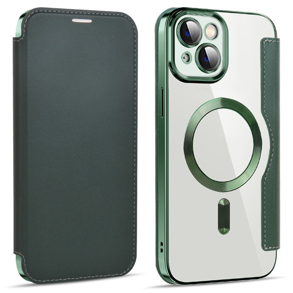 For iPhone 14 Plus Compatible with MagSafe RFID Blocking Card Slots Scratch Proof PU Leather+TPU Electroplating Clear Back Flip Case with Lens Film