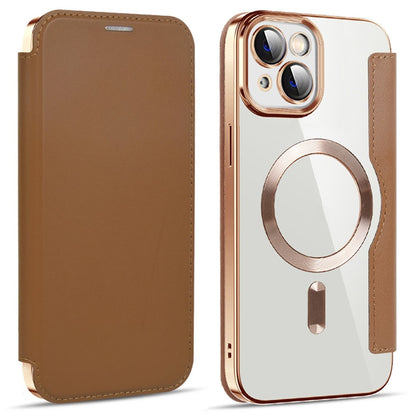 For iPhone 14 Plus Compatible with MagSafe RFID Blocking Card Slots Scratch Proof PU Leather+TPU Electroplating Clear Back Flip Case with Lens Film