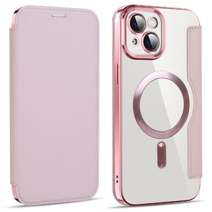 For iPhone 14 Plus Compatible with MagSafe RFID Blocking Card Slots Scratch Proof PU Leather+TPU Electroplating Clear Back Flip Case with Lens Film