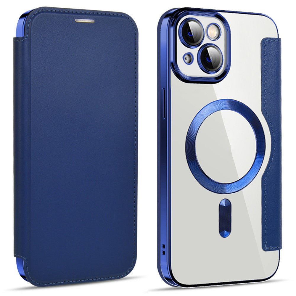 For iPhone 14 Plus Compatible with MagSafe RFID Blocking Card Slots Scratch Proof PU Leather+TPU Electroplating Clear Back Flip Case with Lens Film