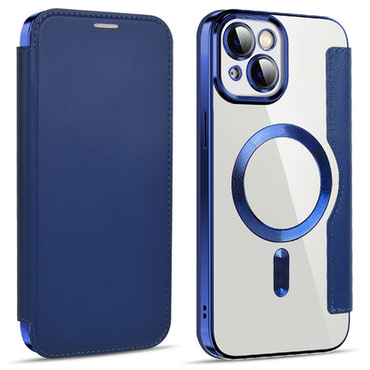 For iPhone 14 Plus Compatible with MagSafe RFID Blocking Card Slots Scratch Proof PU Leather+TPU Electroplating Clear Back Flip Case with Lens Film