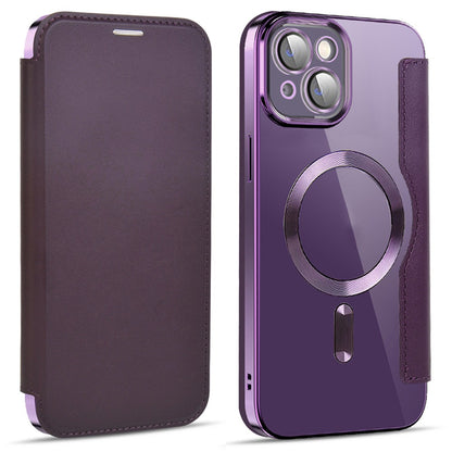 For iPhone 14 Plus Compatible with MagSafe RFID Blocking Card Slots Scratch Proof PU Leather+TPU Electroplating Clear Back Flip Case with Lens Film