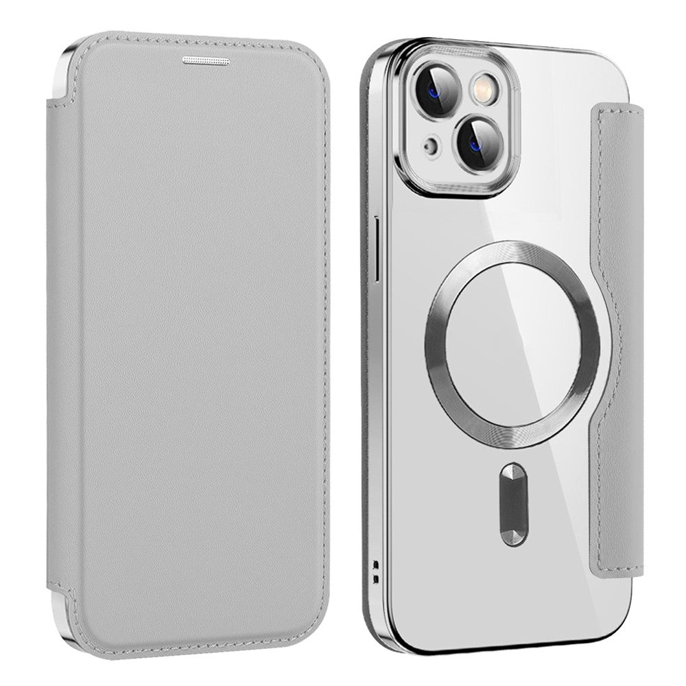 For iPhone 14 Plus Compatible with MagSafe RFID Blocking Card Slots Scratch Proof PU Leather+TPU Electroplating Clear Back Flip Case with Lens Film