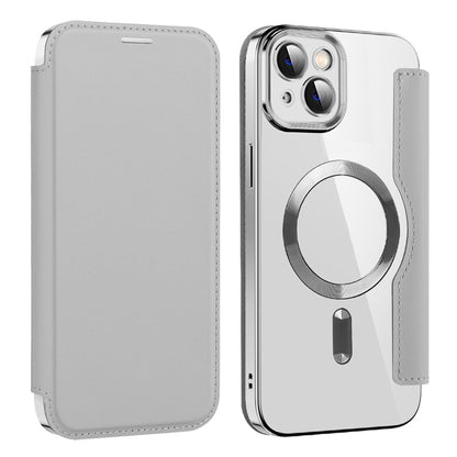 For iPhone 14 Plus Compatible with MagSafe RFID Blocking Card Slots Scratch Proof PU Leather+TPU Electroplating Clear Back Flip Case with Lens Film