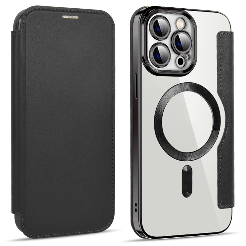 Phone Cover for iPhone 14 Pro Max, Compatible with MagSafe RFID Blocking Card Slots PU Leather+TPU Electroplating Clear Back Flip Case with Lens Film