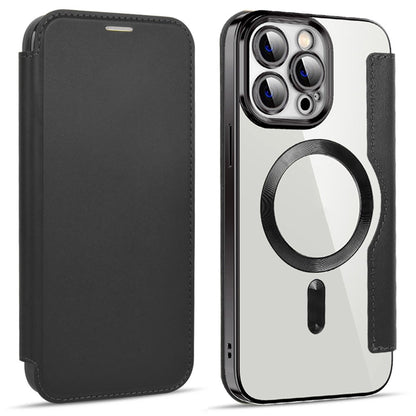 Phone Cover for iPhone 14 Pro Max, Compatible with MagSafe RFID Blocking Card Slots PU Leather+TPU Electroplating Clear Back Flip Case with Lens Film