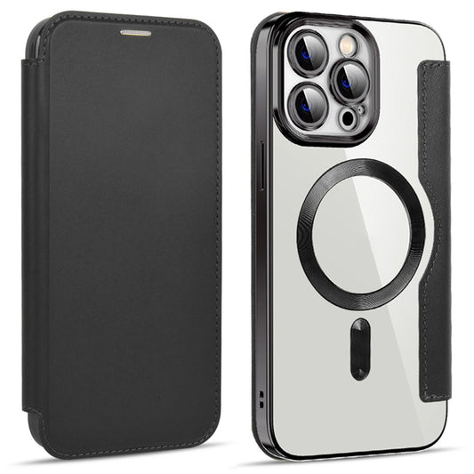 Phone Cover for iPhone 14 Pro Max, Compatible with MagSafe RFID Blocking Card Slots PU Leather+TPU Electroplating Clear Back Flip Case with Lens Film
