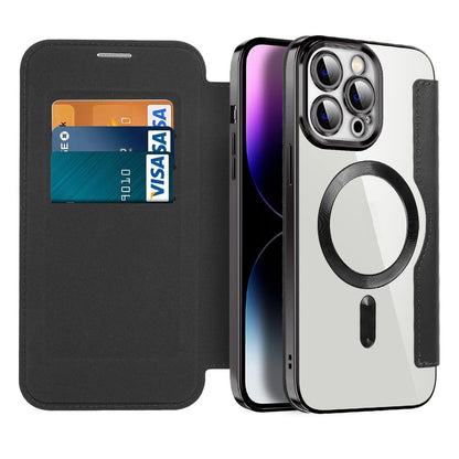 Phone Cover for iPhone 14 Pro Max, Compatible with MagSafe RFID Blocking Card Slots PU Leather+TPU Electroplating Clear Back Flip Case with Lens Film