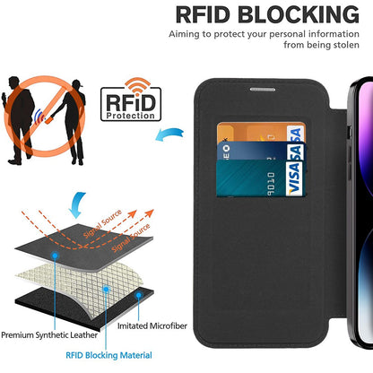 Phone Cover for iPhone 14 Pro Max, Compatible with MagSafe RFID Blocking Card Slots PU Leather+TPU Electroplating Clear Back Flip Case with Lens Film