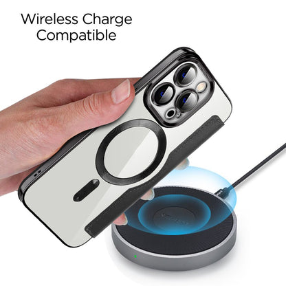Phone Cover for iPhone 14 Pro Max, Compatible with MagSafe RFID Blocking Card Slots PU Leather+TPU Electroplating Clear Back Flip Case with Lens Film