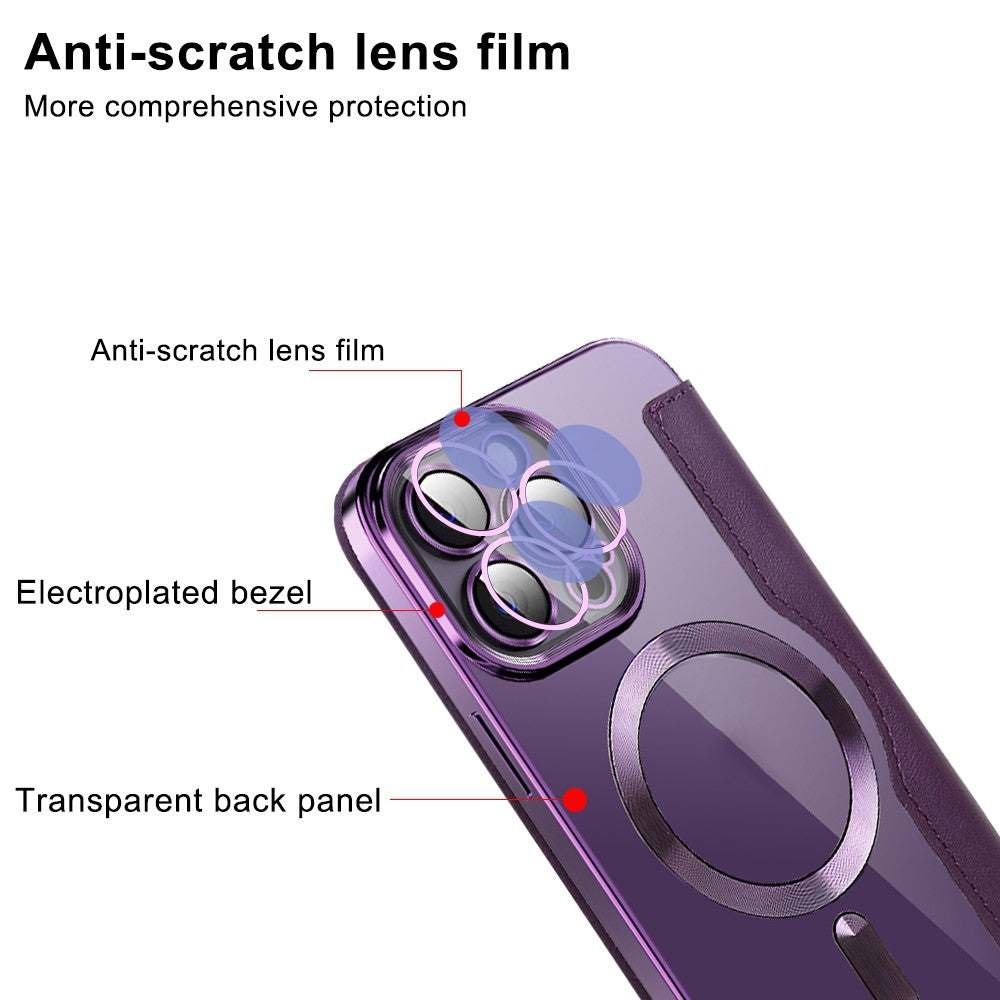 Phone Cover for iPhone 14 Pro Max, Compatible with MagSafe RFID Blocking Card Slots PU Leather+TPU Electroplating Clear Back Flip Case with Lens Film