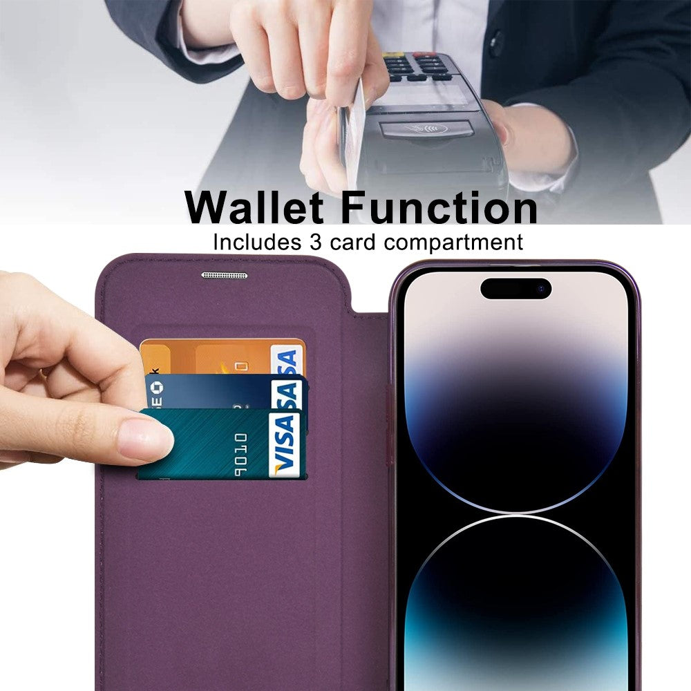 Phone Cover for iPhone 14 Pro Max, Compatible with MagSafe RFID Blocking Card Slots PU Leather+TPU Electroplating Clear Back Flip Case with Lens Film