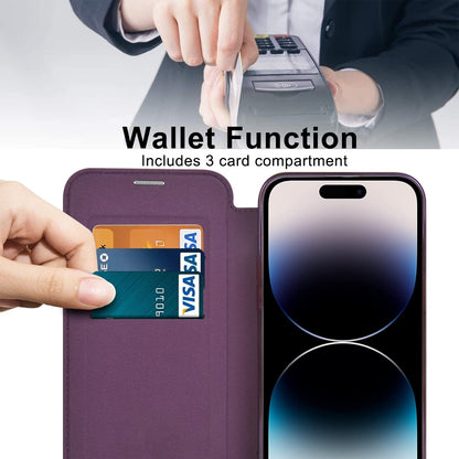 Phone Cover for iPhone 14 Pro Max, Compatible with MagSafe RFID Blocking Card Slots PU Leather+TPU Electroplating Clear Back Flip Case with Lens Film