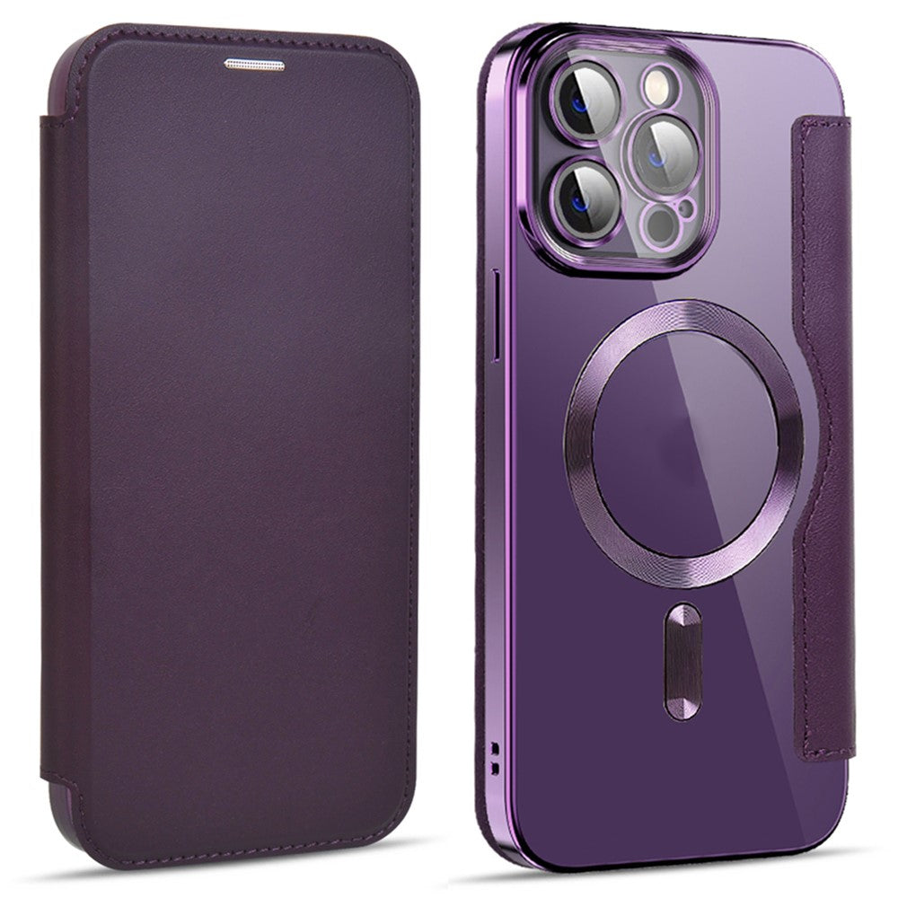 Phone Cover for iPhone 14 Pro Max, Compatible with MagSafe RFID Blocking Card Slots PU Leather+TPU Electroplating Clear Back Flip Case with Lens Film