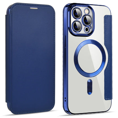Phone Cover for iPhone 14 Pro Max, Compatible with MagSafe RFID Blocking Card Slots PU Leather+TPU Electroplating Clear Back Flip Case with Lens Film