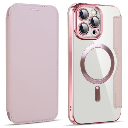 Phone Cover for iPhone 14 Pro Max, Compatible with MagSafe RFID Blocking Card Slots PU Leather+TPU Electroplating Clear Back Flip Case with Lens Film