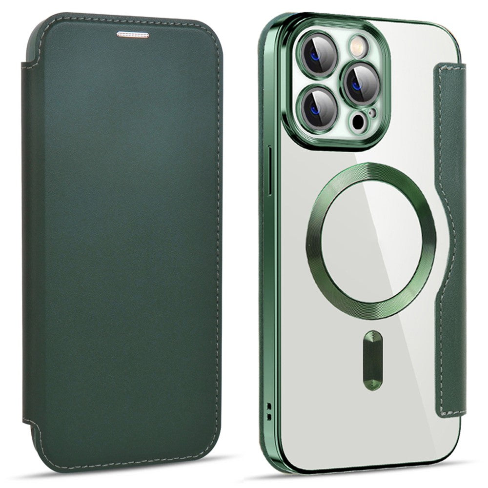Phone Cover for iPhone 14 Pro Max, Compatible with MagSafe RFID Blocking Card Slots PU Leather+TPU Electroplating Clear Back Flip Case with Lens Film