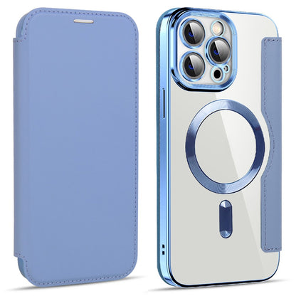 Phone Cover for iPhone 14 Pro Max, Compatible with MagSafe RFID Blocking Card Slots PU Leather+TPU Electroplating Clear Back Flip Case with Lens Film