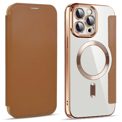 Phone Cover for iPhone 14 Pro Max, Compatible with MagSafe RFID Blocking Card Slots PU Leather+TPU Electroplating Clear Back Flip Case with Lens Film