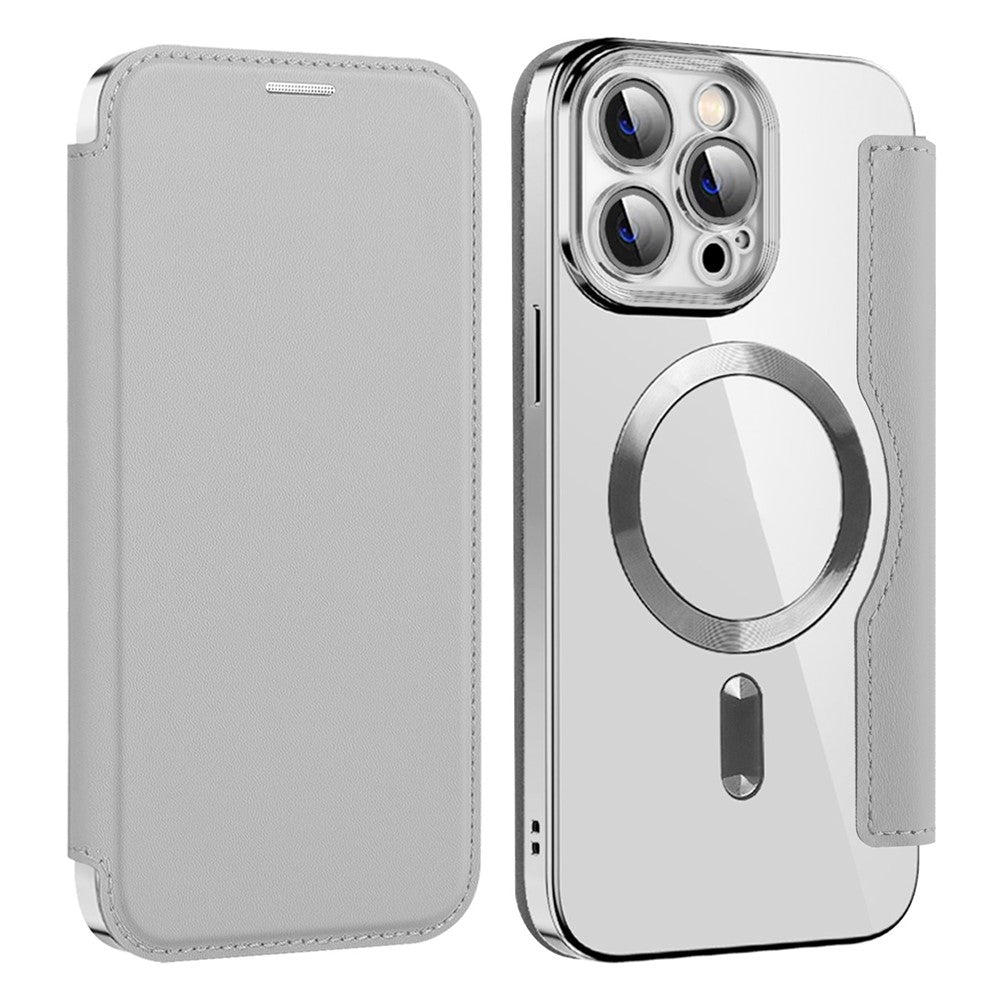 Phone Cover for iPhone 14 Pro Max, Compatible with MagSafe RFID Blocking Card Slots PU Leather+TPU Electroplating Clear Back Flip Case with Lens Film