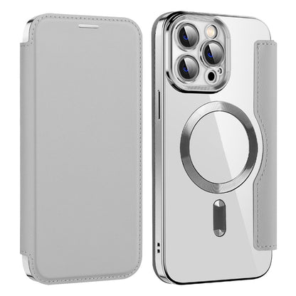 Phone Cover for iPhone 14 Pro Max, Compatible with MagSafe RFID Blocking Card Slots PU Leather+TPU Electroplating Clear Back Flip Case with Lens Film