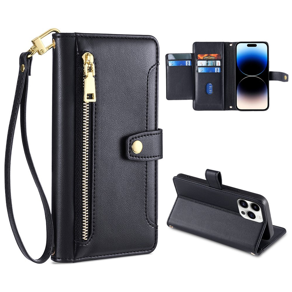 For iPhone 14 Pro Max PU Leather Stand Case Zipper Pocket Phone Cover with Wrist Strap and Shoulder Strap