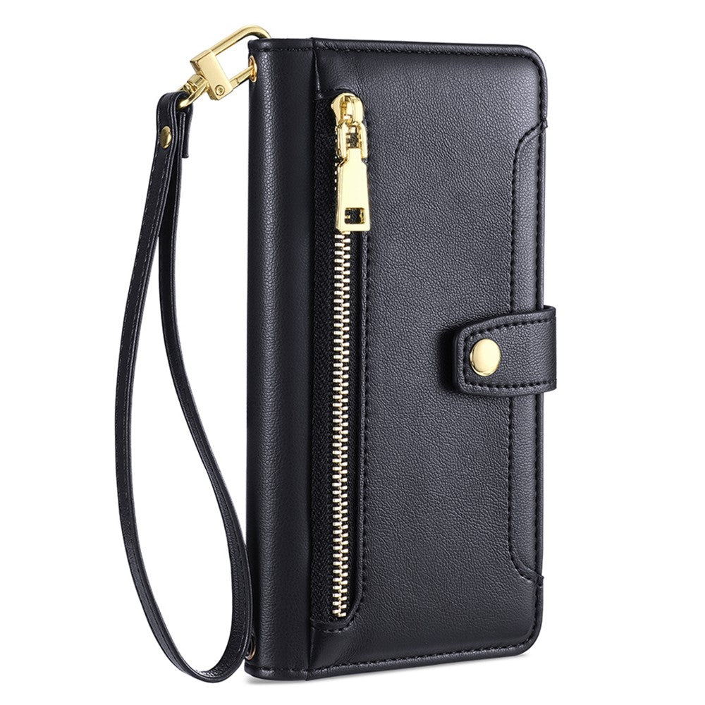 For iPhone 14 Pro Max PU Leather Stand Case Zipper Pocket Phone Cover with Wrist Strap and Shoulder Strap
