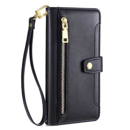 For iPhone 14 Pro Max PU Leather Stand Case Zipper Pocket Phone Cover with Wrist Strap and Shoulder Strap